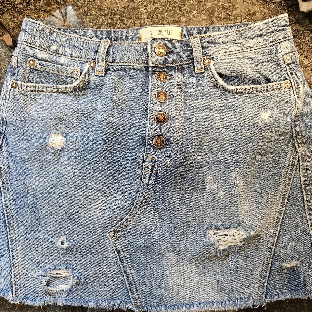 We the Free Denim Mini Skirt Distressed Button Fly - Picture 6 of 15
